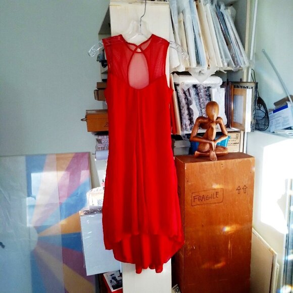 Red HiLo 3Tiered Flowy Pleated Chiffon & Mesh Sleeveless Dress Made In USA SzXS - Picture 1 of 7